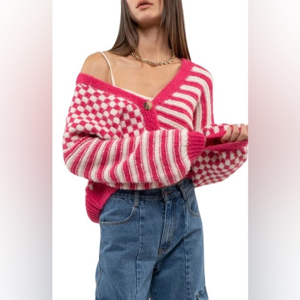 Blu Pepper. Stripe Check Balloon Sleeve Cardigan. Hot Pink. Size Medium.